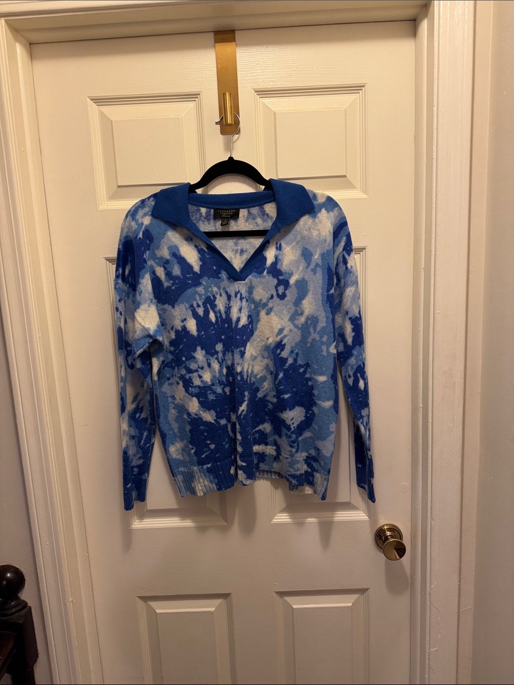Charter Club Blue and White Tie-Dye Collared V-Neck Sweater